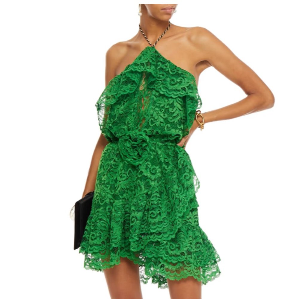 NWT DUNDAS Ruffled floral-appliquéd corded lace halterneck mini dress